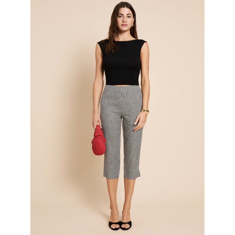 Few Moda Kourt Womens Gingham Linen Cotton Cropped Pants Black White Size 8 NWT